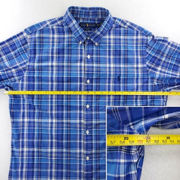 Ralph Lauren Slim Fit Shirt Pony Plaid Button Down Stretch Blue 17 1/2 Men's XL - Picture 7 of 13
